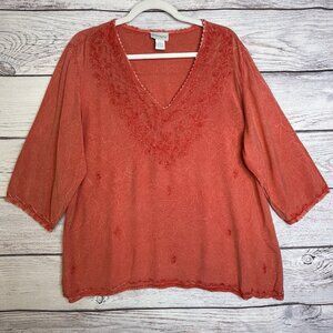 Soft Surroundings Tunic Top Size XL Coral Embroidered‎ BOHO Whimsical Rayon